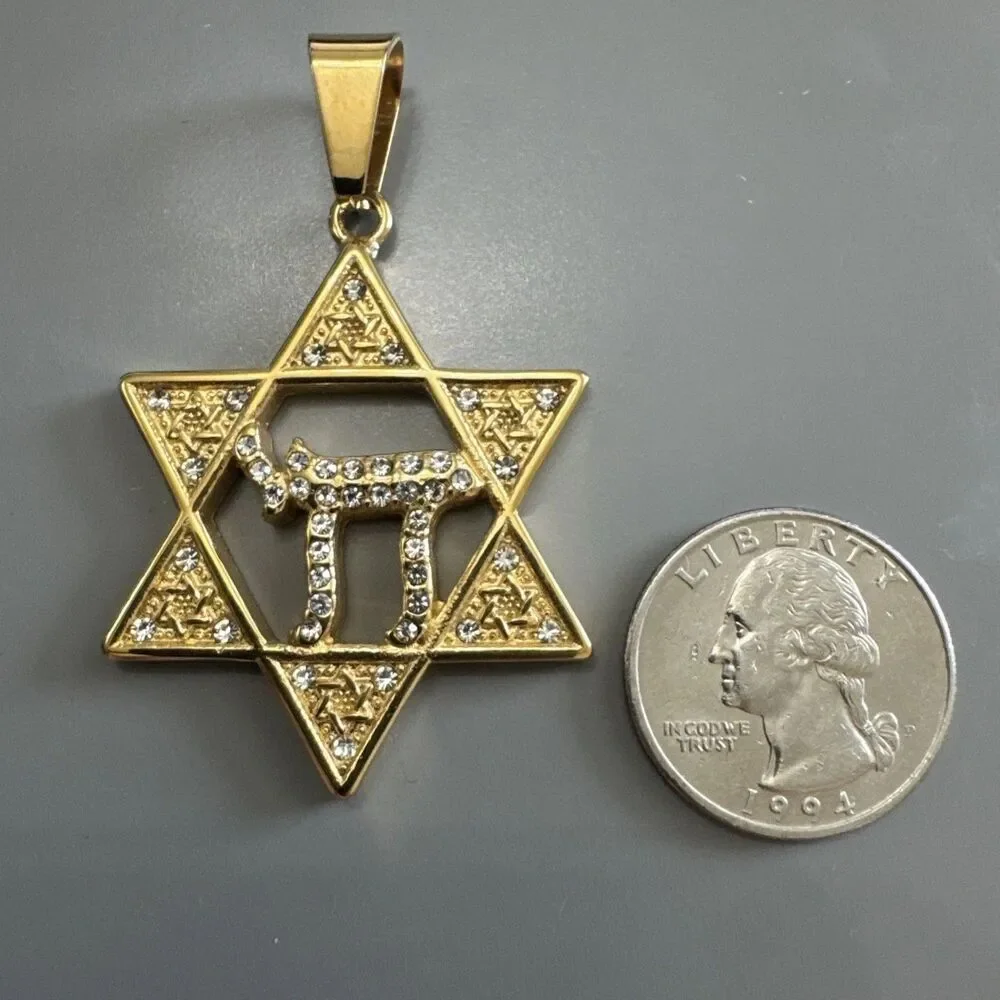 Stainless Steel Hebrew Jewish Israel Star of David Necklace Bar Mitzvah Gold